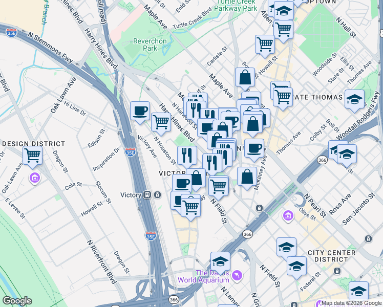 map of restaurants, bars, coffee shops, grocery stores, and more near 3300 N Akard St in Dallas