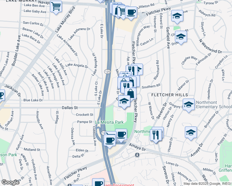 map of restaurants, bars, coffee shops, grocery stores, and more near 6270 Meadow Crest Drive in La Mesa