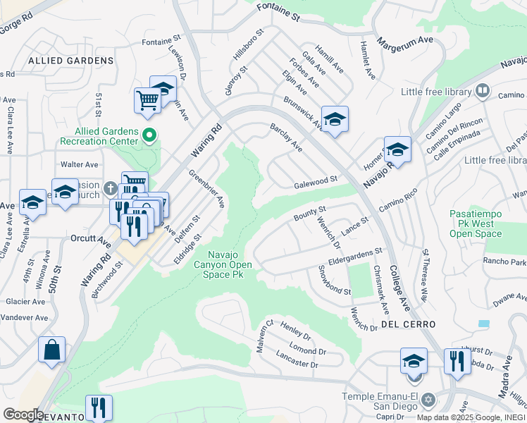 map of restaurants, bars, coffee shops, grocery stores, and more near in San Diego