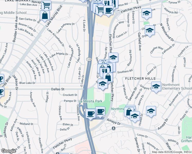 map of restaurants, bars, coffee shops, grocery stores, and more near 6270 Meadow Crest Drive in La Mesa