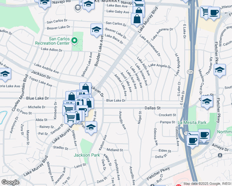 map of restaurants, bars, coffee shops, grocery stores, and more near 6251 Lake Alturas Avenue in San Diego