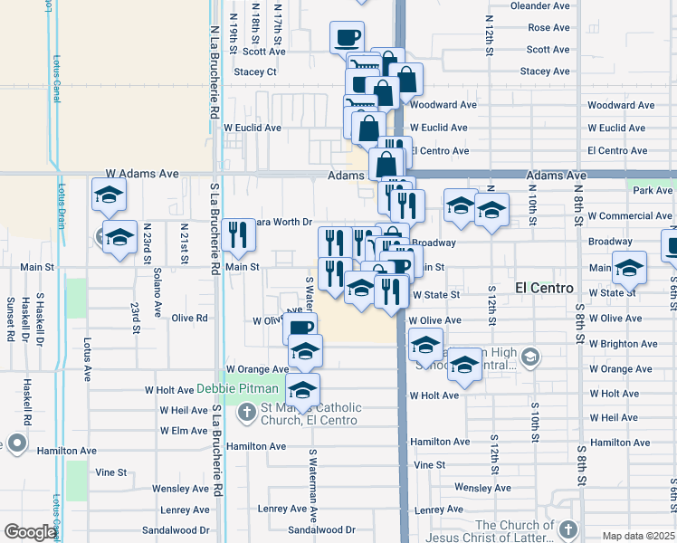 map of restaurants, bars, coffee shops, grocery stores, and more near 1611 Main Street in El Centro