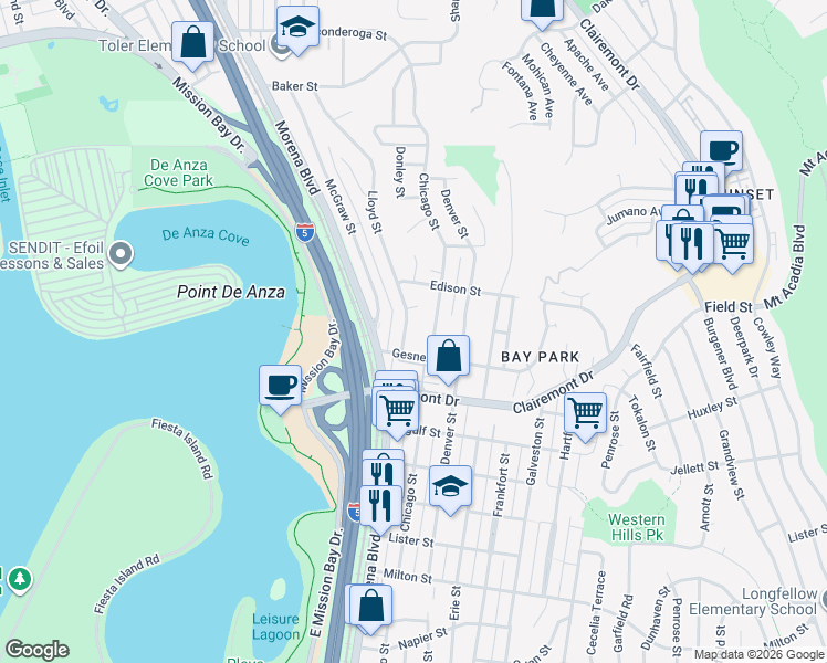 map of restaurants, bars, coffee shops, grocery stores, and more near 2841 Lloyd Street in San Diego