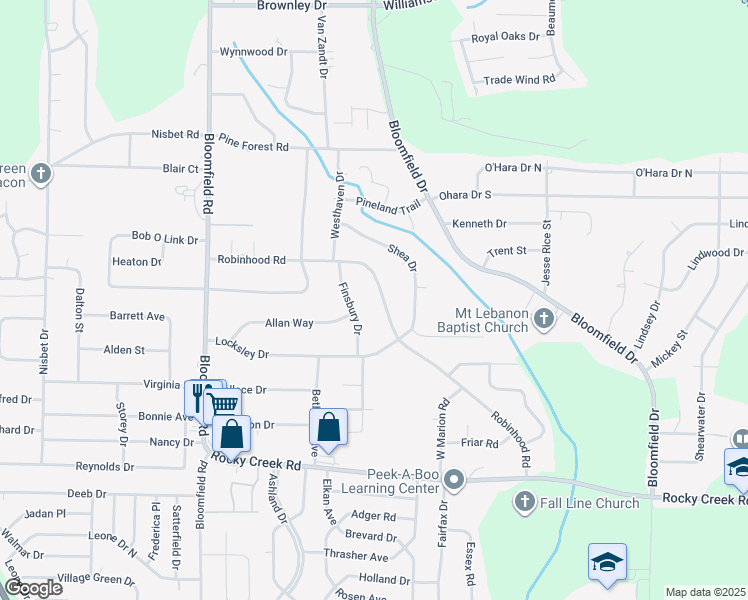 map of restaurants, bars, coffee shops, grocery stores, and more near 2437 Robinhood Road in Macon