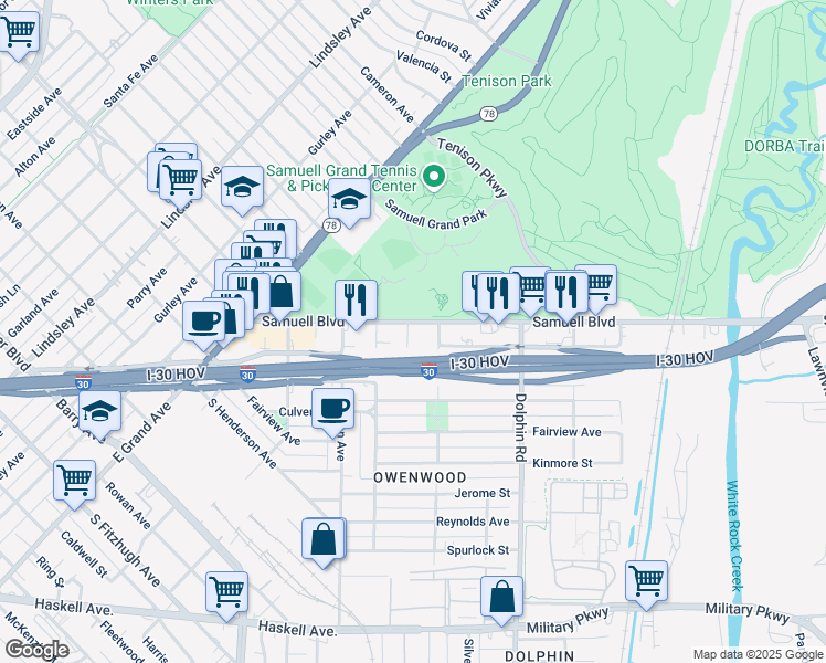 map of restaurants, bars, coffee shops, grocery stores, and more near 3116 Samuell Boulevard in Dallas
