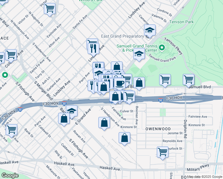 map of restaurants, bars, coffee shops, grocery stores, and more near 5439 East Grand Avenue in Dallas