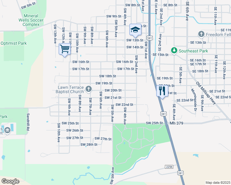 map of restaurants, bars, coffee shops, grocery stores, and more near 512 Southwest 20th Street in Mineral Wells