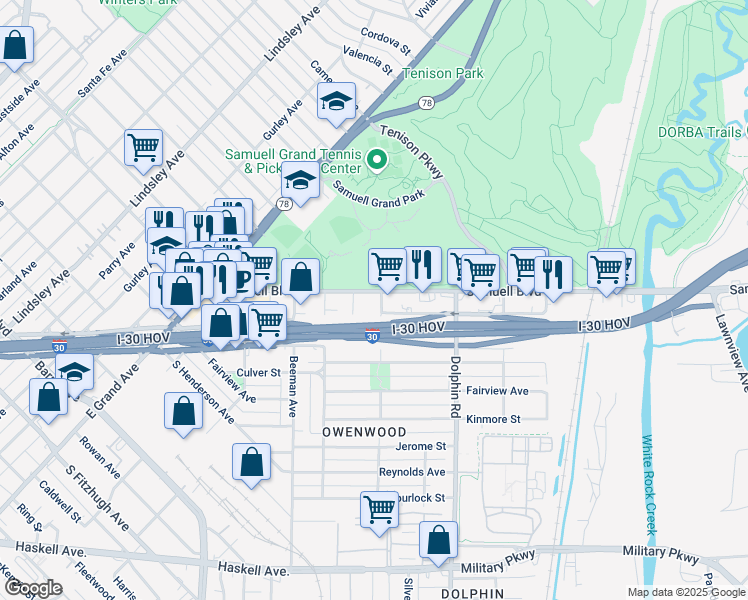 map of restaurants, bars, coffee shops, grocery stores, and more near 3116 Samuell Boulevard in Dallas
