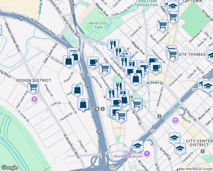 map of restaurants, bars, coffee shops, grocery stores, and more near 2787 North Houston Street in Dallas
