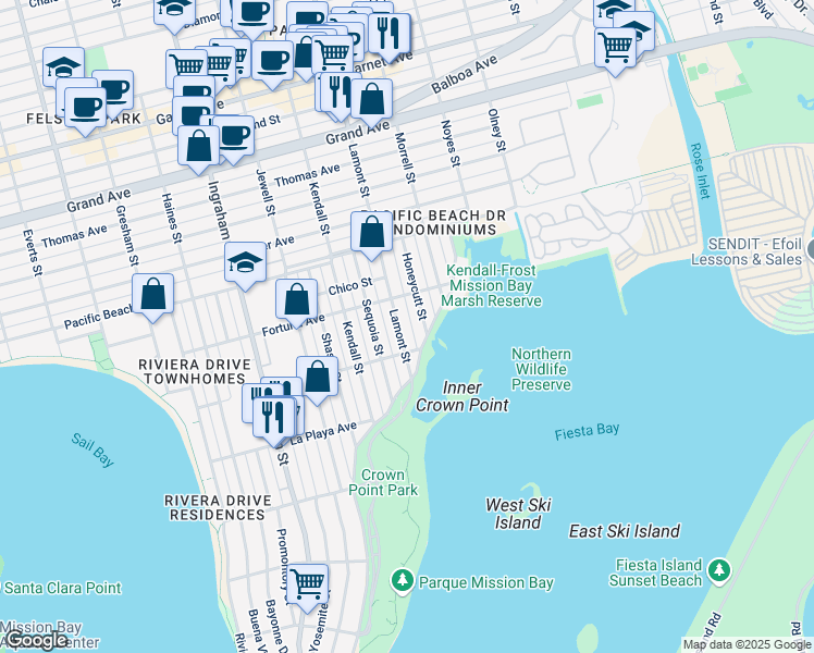 map of restaurants, bars, coffee shops, grocery stores, and more near 3967 Lamont Street in San Diego