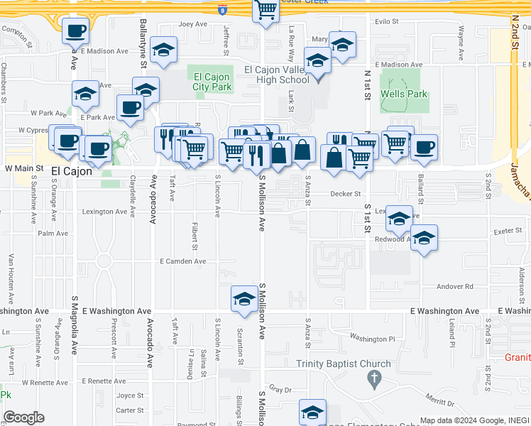 map of restaurants, bars, coffee shops, grocery stores, and more near 297 South Mollison Avenue in El Cajon