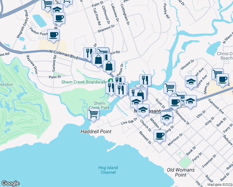 map of restaurants, bars, coffee shops, grocery stores, and more near 1401 Shrimp Boat Lane in Mount Pleasant