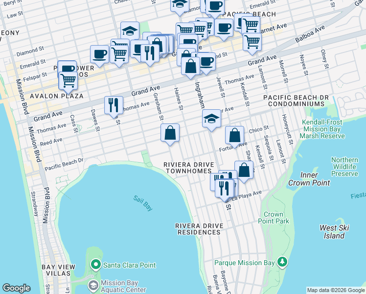map of restaurants, bars, coffee shops, grocery stores, and more near 4065 Riviera Drive in San Diego