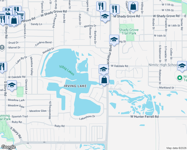 map of restaurants, bars, coffee shops, grocery stores, and more near 2105 Lake Bend Drive in Irving