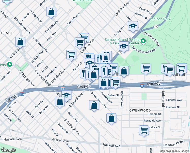 map of restaurants, bars, coffee shops, grocery stores, and more near 5439 East Grand Avenue in Dallas