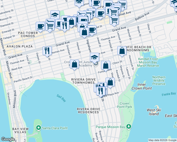 map of restaurants, bars, coffee shops, grocery stores, and more near 4030 Promontory Street in San Diego