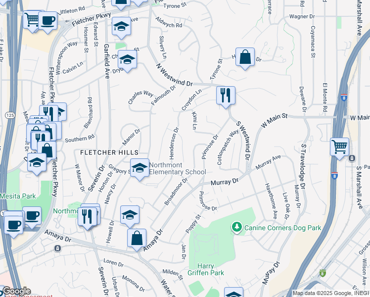 map of restaurants, bars, coffee shops, grocery stores, and more near 6290 Fernwood Drive in La Mesa