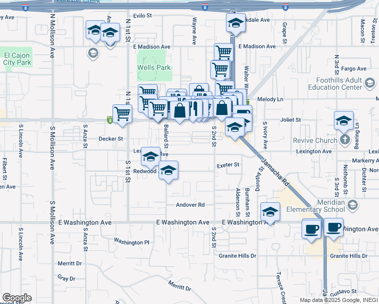 map of restaurants, bars, coffee shops, grocery stores, and more near 1234 East Lexington Avenue in El Cajon