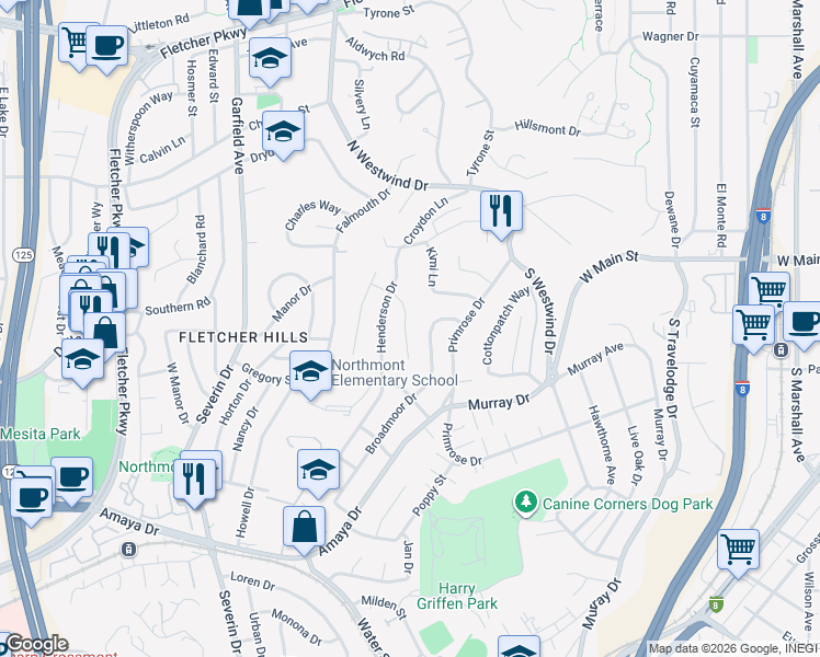 map of restaurants, bars, coffee shops, grocery stores, and more near 6290 Fernwood Drive in La Mesa