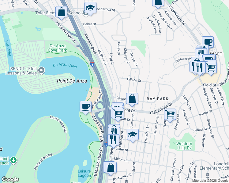 map of restaurants, bars, coffee shops, grocery stores, and more near 2870 Lloyd Street in San Diego