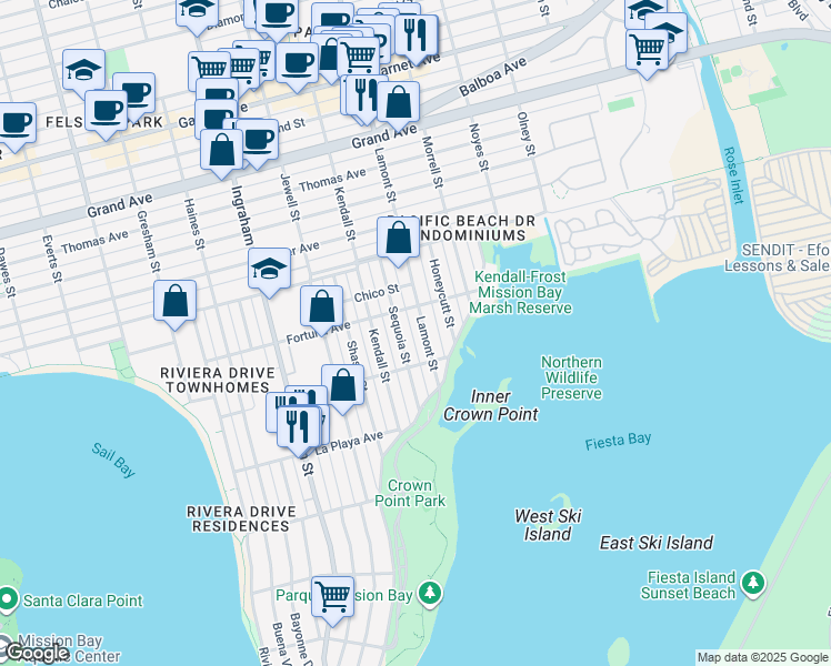 map of restaurants, bars, coffee shops, grocery stores, and more near 3967 Lamont Street in San Diego