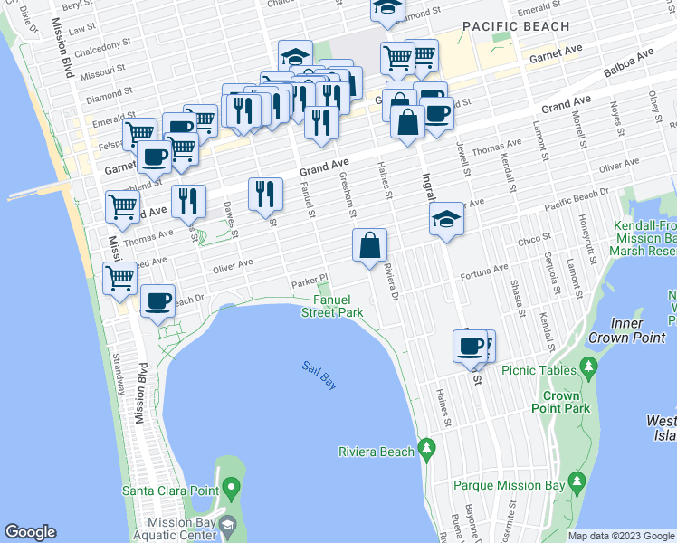 map of restaurants, bars, coffee shops, grocery stores, and more near 1311 Pacific Beach Drive in San Diego