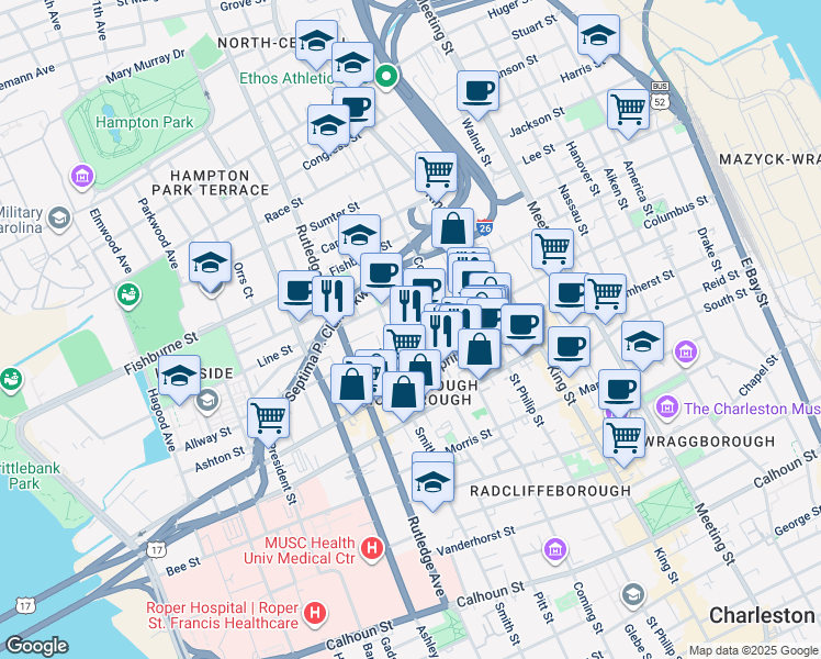 map of restaurants, bars, coffee shops, grocery stores, and more near in Charleston