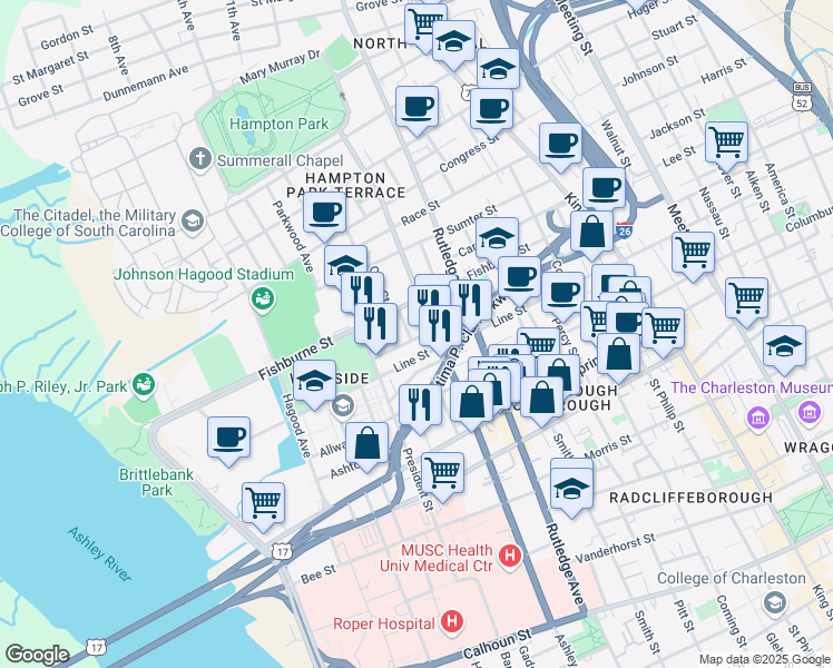 map of restaurants, bars, coffee shops, grocery stores, and more near 13 Killians Street in Charleston