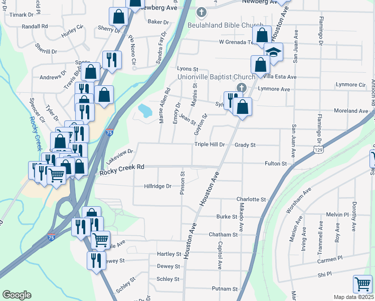 map of restaurants, bars, coffee shops, grocery stores, and more near 1156 Triple Hill Drive in Macon