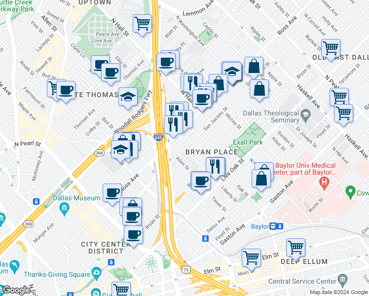map of restaurants, bars, coffee shops, grocery stores, and more near 3104 San Jacinto Street in Dallas