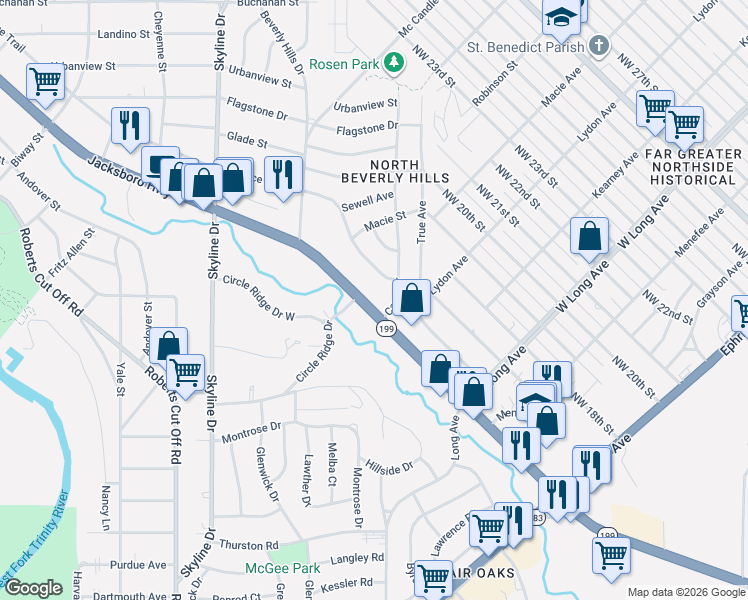 map of restaurants, bars, coffee shops, grocery stores, and more near 2900 Jacksboro Highway in Fort Worth