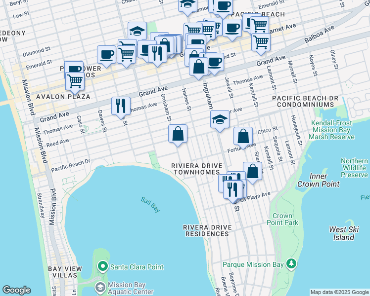 map of restaurants, bars, coffee shops, grocery stores, and more near 4052 Riviera Drive in San Diego