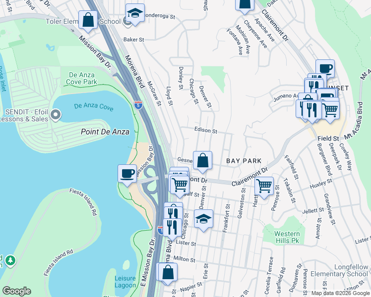 map of restaurants, bars, coffee shops, grocery stores, and more near 2841 Lloyd Street in San Diego