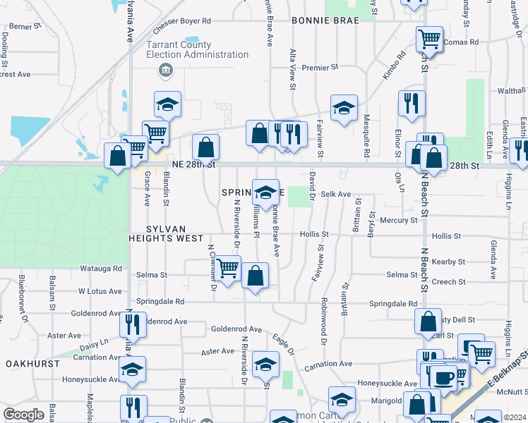 map of restaurants, bars, coffee shops, grocery stores, and more near 3207 Hollis Street in Fort Worth