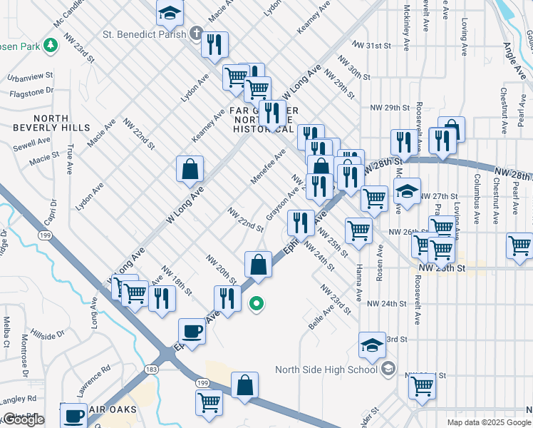 map of restaurants, bars, coffee shops, grocery stores, and more near 2500 Northwest 24th Street in Fort Worth