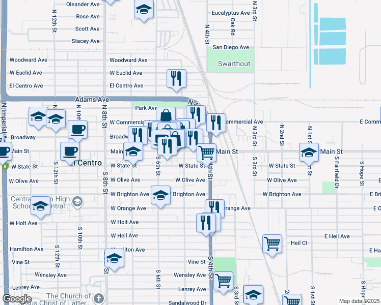 map of restaurants, bars, coffee shops, grocery stores, and more near 471 Main Street in El Centro