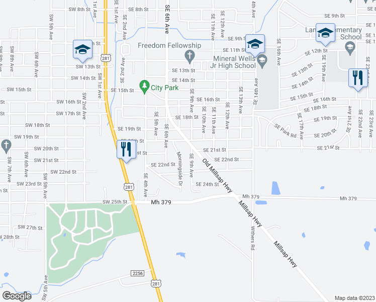 map of restaurants, bars, coffee shops, grocery stores, and more near 2204 Southeast 9th Avenue in Mineral Wells