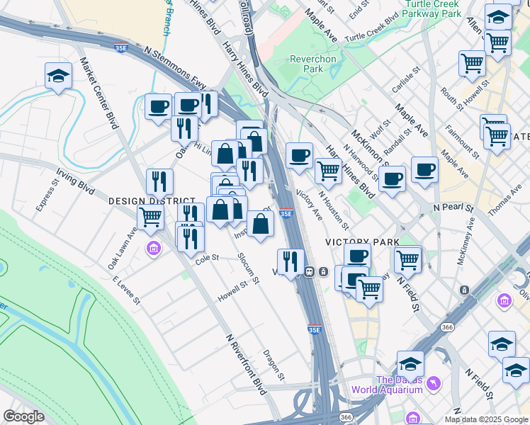 map of restaurants, bars, coffee shops, grocery stores, and more near 1574 Inspiration Drive in Dallas