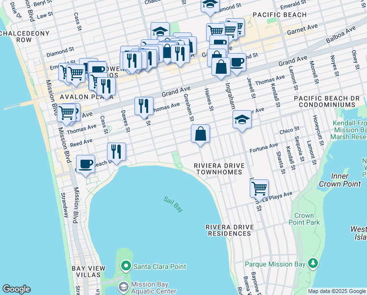 map of restaurants, bars, coffee shops, grocery stores, and more near 1323 Pacific Beach Drive in San Diego