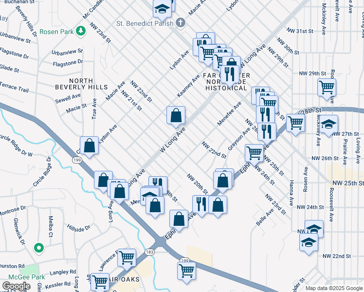 map of restaurants, bars, coffee shops, grocery stores, and more near 2610 Northwest 21st Street in Fort Worth