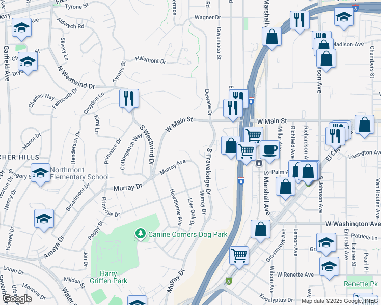 map of restaurants, bars, coffee shops, grocery stores, and more near 321 Murray Drive in El Cajon