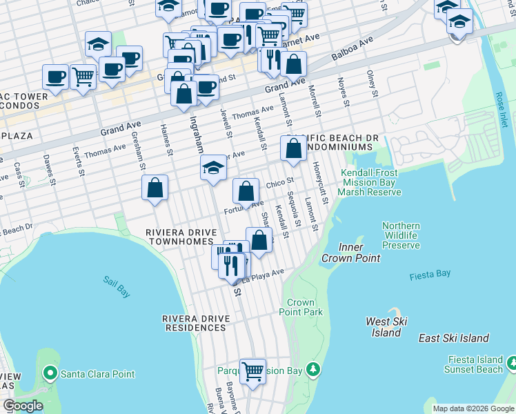 map of restaurants, bars, coffee shops, grocery stores, and more near 3956-3996 Shasta Street in San Diego
