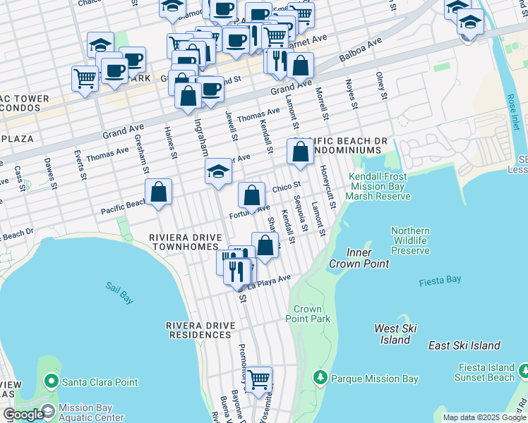map of restaurants, bars, coffee shops, grocery stores, and more near 3956-3996 Shasta Street in San Diego