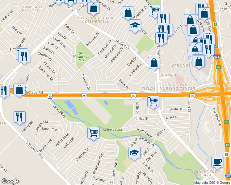 map of restaurants, bars, coffee shops, grocery stores, and more near 3227 U.S. 80 Frontage Road in Mesquite