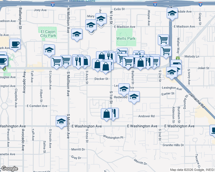 map of restaurants, bars, coffee shops, grocery stores, and more near 1100 Lexington Avenue in El Cajon