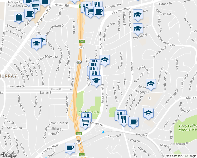 map of restaurants, bars, coffee shops, grocery stores, and more near 9090 Dallas St in La Mesa