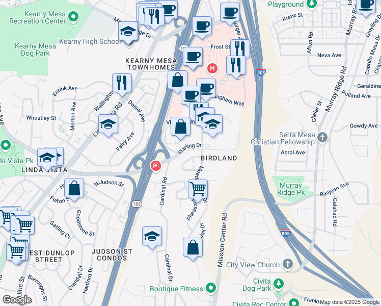 map of restaurants, bars, coffee shops, grocery stores, and more near 7799 Starling Drive in San Diego