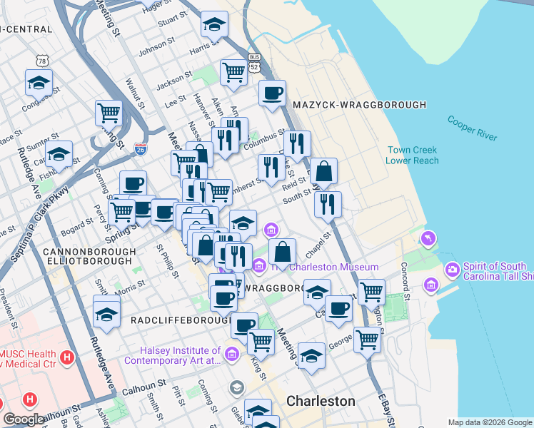 map of restaurants, bars, coffee shops, grocery stores, and more near 37 South Street in Charleston