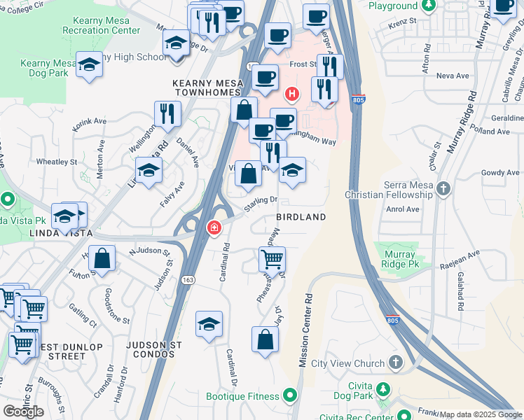 map of restaurants, bars, coffee shops, grocery stores, and more near 2772 Meadow Lark Drive in San Diego