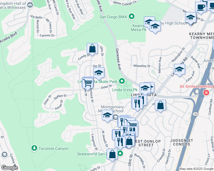 map of restaurants, bars, coffee shops, grocery stores, and more near 2772 Ulric Street in San Diego